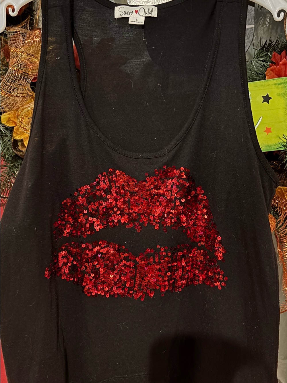Sweet Child Black Tank with Red Sequin Lip Graphic